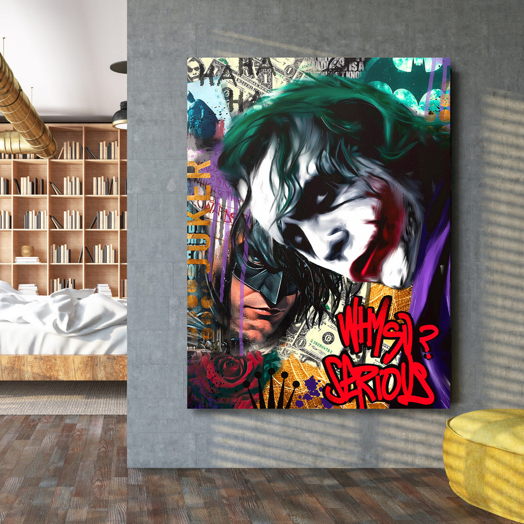 Motivační obraz na zeď s graffiti koláží Batmana a Jokera, motiv peněz a nápis Why so serious? pop art styl