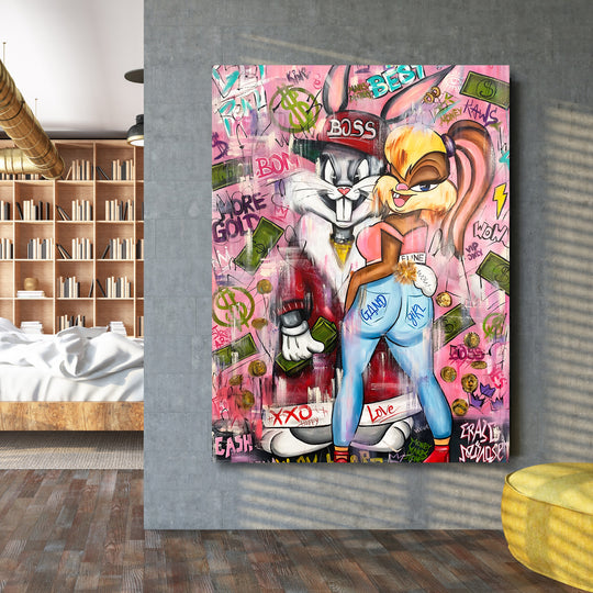 Pop art obraz na zeď do obýváku s graffiti králíky, dolarovými symboly a motivačními nápisy