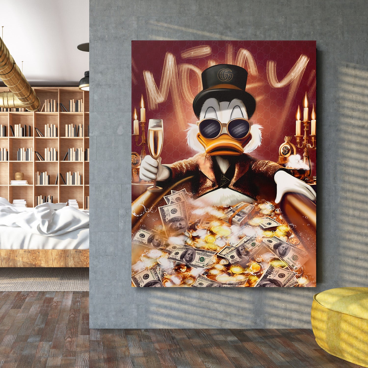 Motivační pop art obraz na plátně s animovanou kachnou ve vaně plné bankovek a šampaňského, lifestyle motiv bohatství