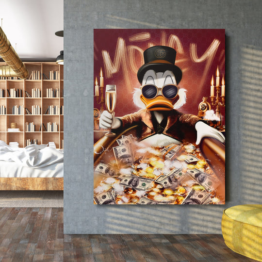 Motivační pop art obraz na plátně s animovanou kachnou ve vaně plné bankovek a šampaňského, lifestyle motiv bohatství