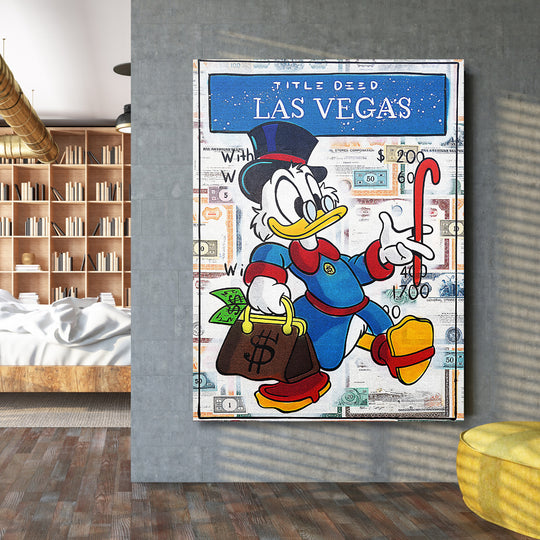 Motivační pop art obraz na zeď s Kačerem Skrblíkem, bankovkami a nápisem Las Vegas