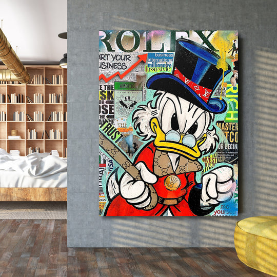 Motivační pop art obraz na plátně Scrooge McDuck s luxusními hodinkami Rolex a balíky peněz