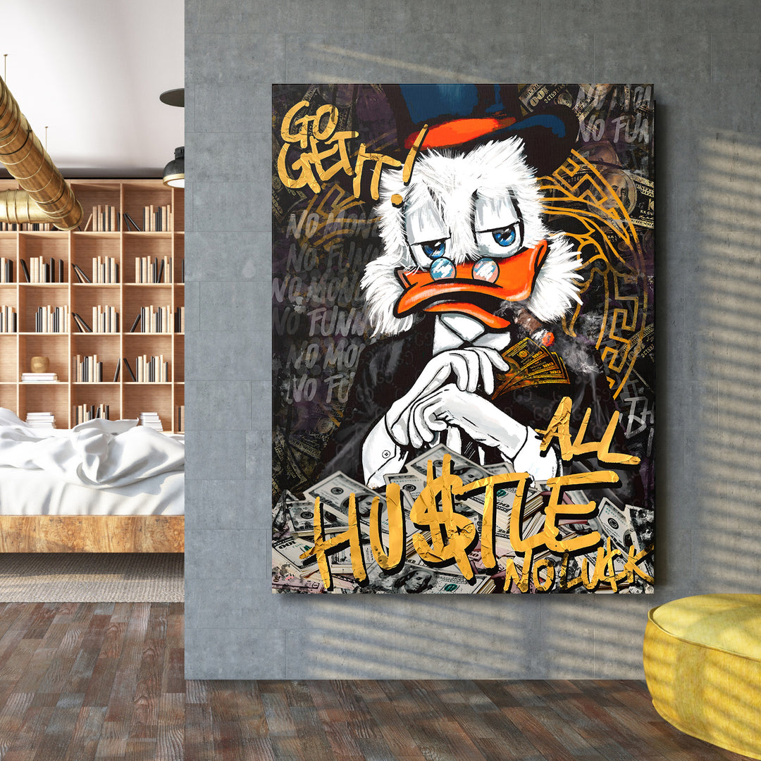 Pop art obraz na zeď do obýváku s kačerem, graffiti nápisy a motivem peněz