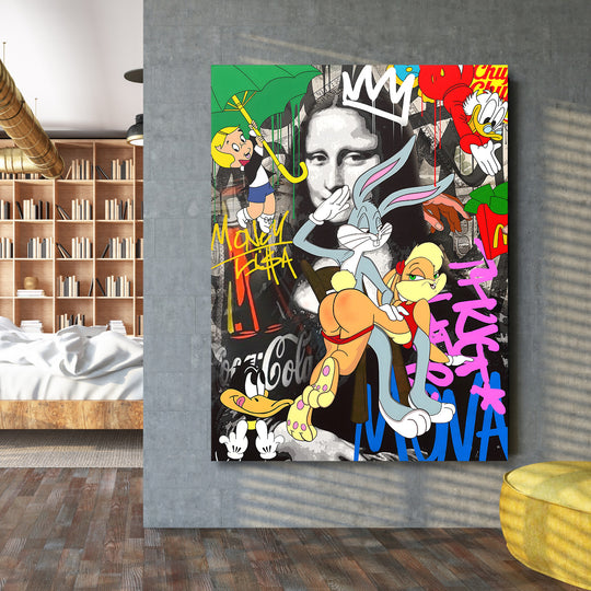 Pop art obraz Mona Lisa, Bugs Bunny a Kačer Skrblík s motivem peněz jako motivační obraz do obývacího pokoje