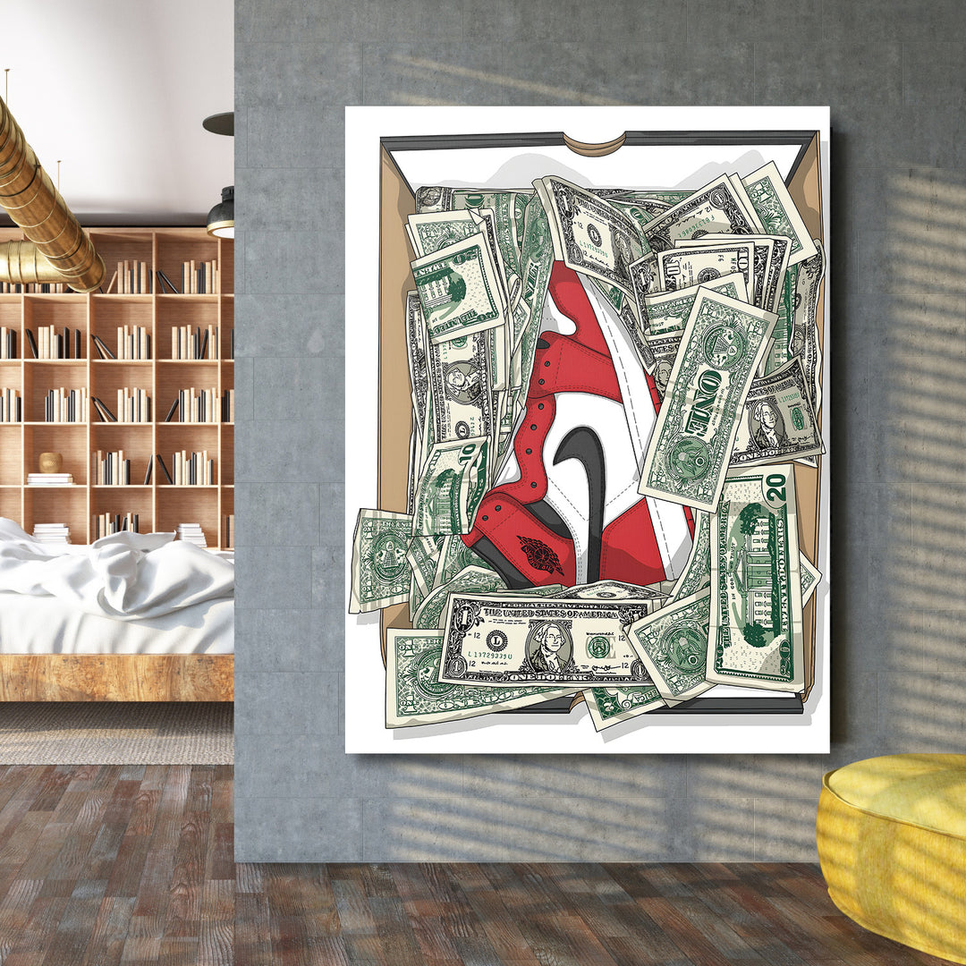 Motivační pop art obraz na plátně s teniskou Nike v krabici obklopenou dolarovými bankovkami v obývacím pokoji