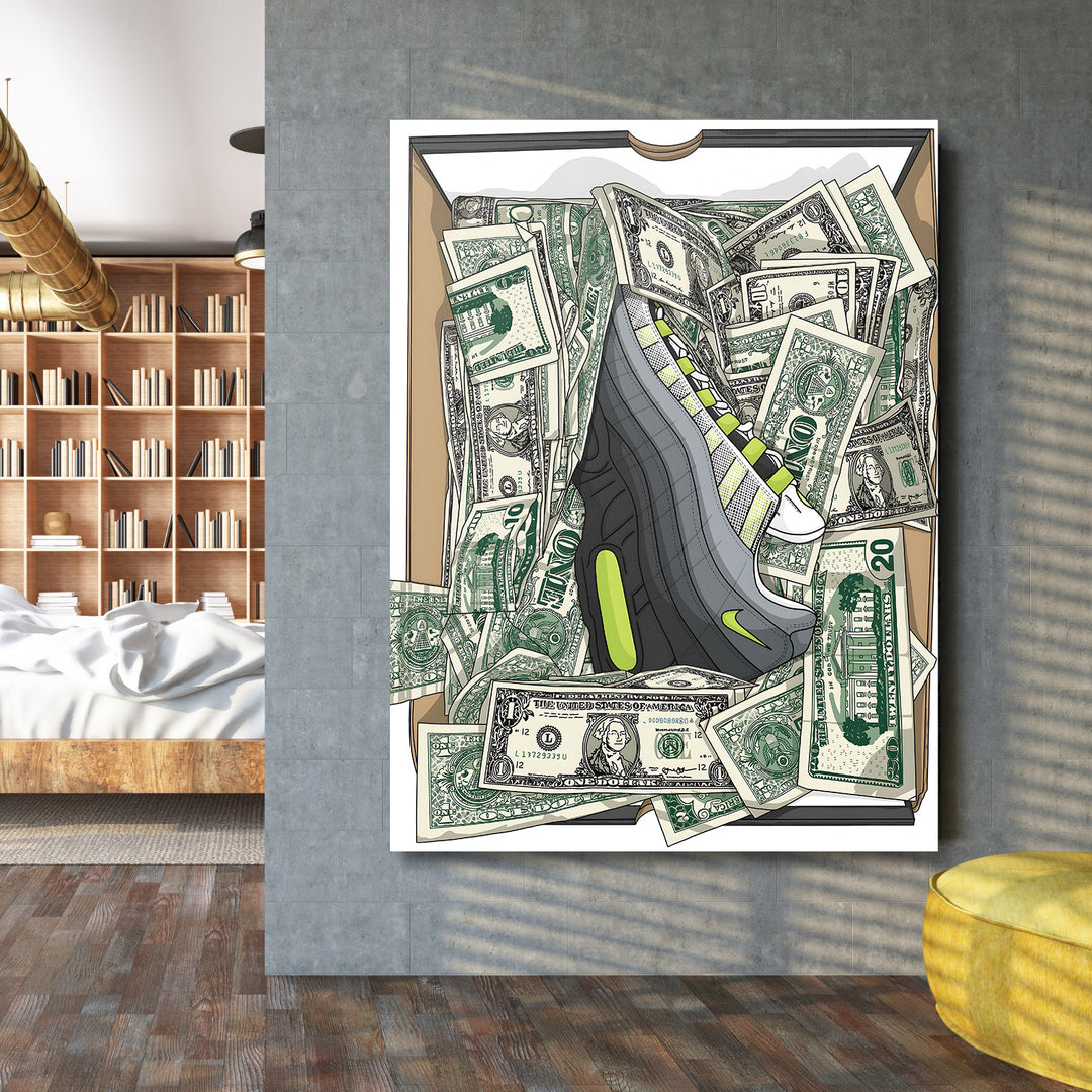 Motivační pop art obraz Nike tenisky v krabici plné dolarů v moderním obývacím pokoji