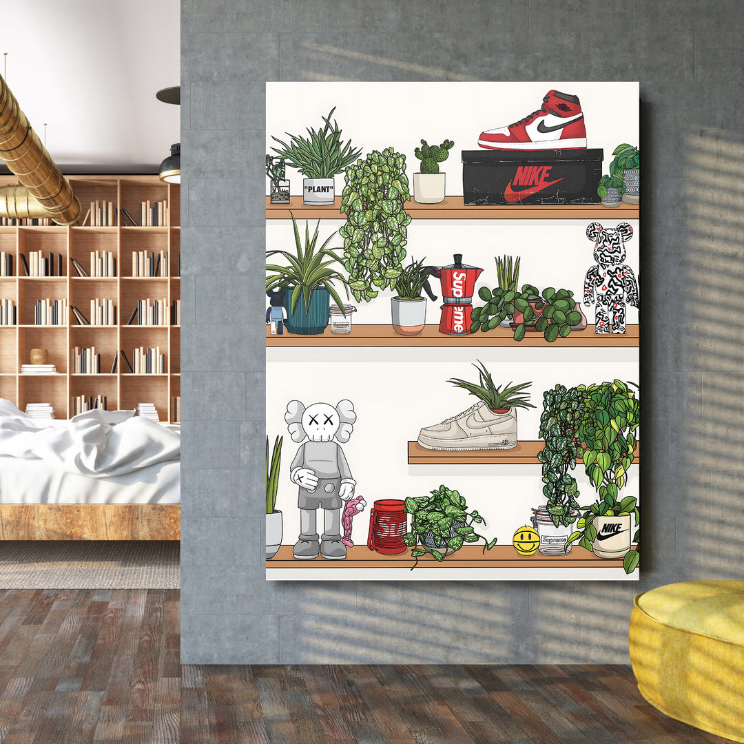 Motivační obraz na zeď v obýváku, pop art kompozice s rostlinami, teniskami Nike, Supreme konvičkou a figurkami