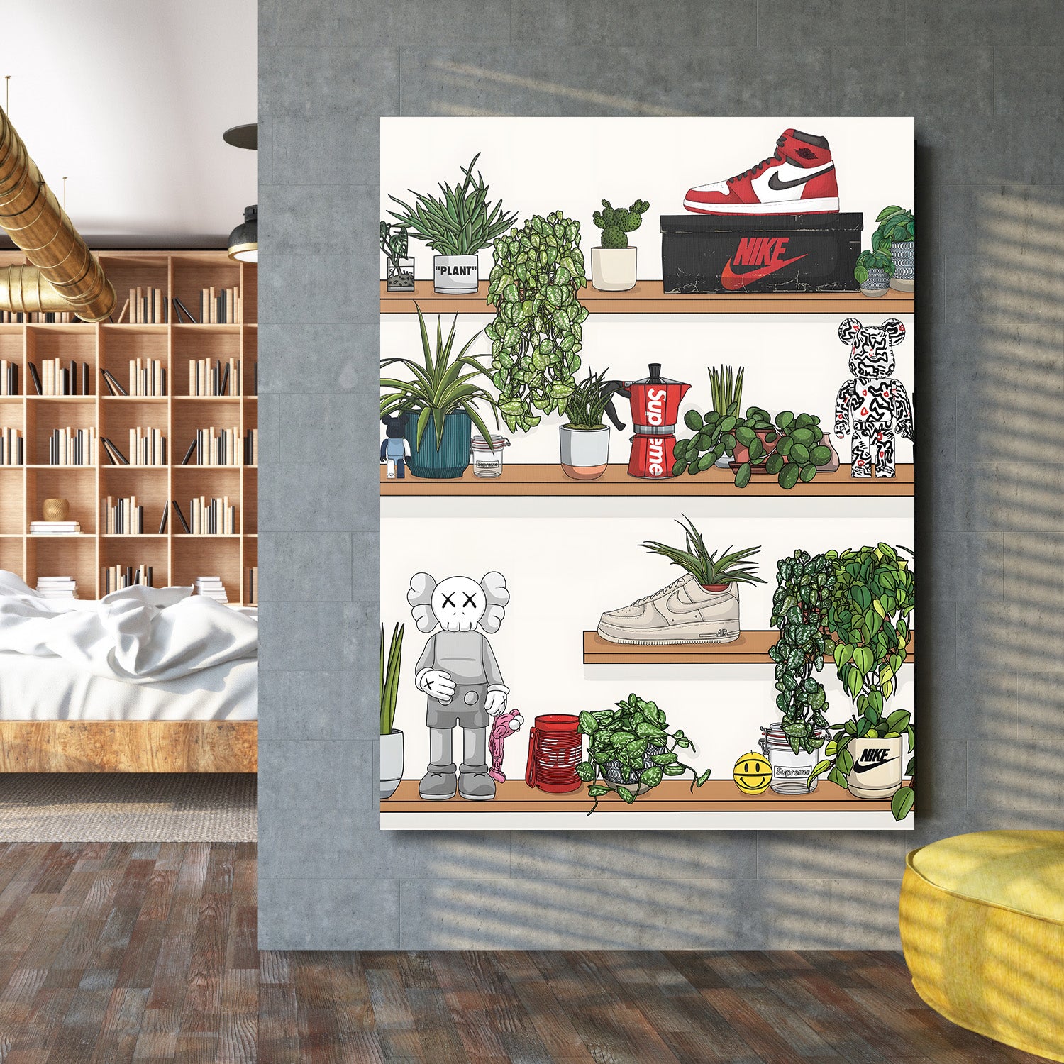 Motivační obraz na zeď v obýváku, pop art kompozice s rostlinami, teniskami Nike, Supreme konvičkou a figurkami