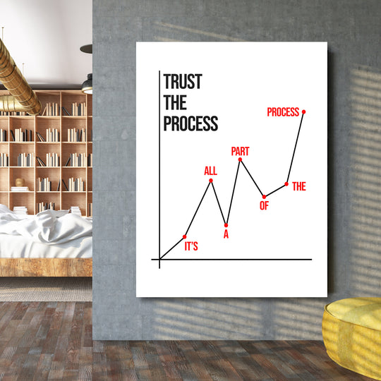 Motivační obraz na plátně do obýváku s minimalistickým grafem a citátem Trust the Process