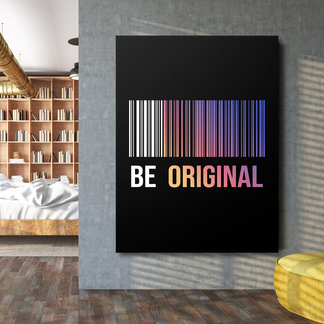 Motivační obraz na zeď s gradientovým barcode motivem a nápisem Be Original v industriálním obýváku