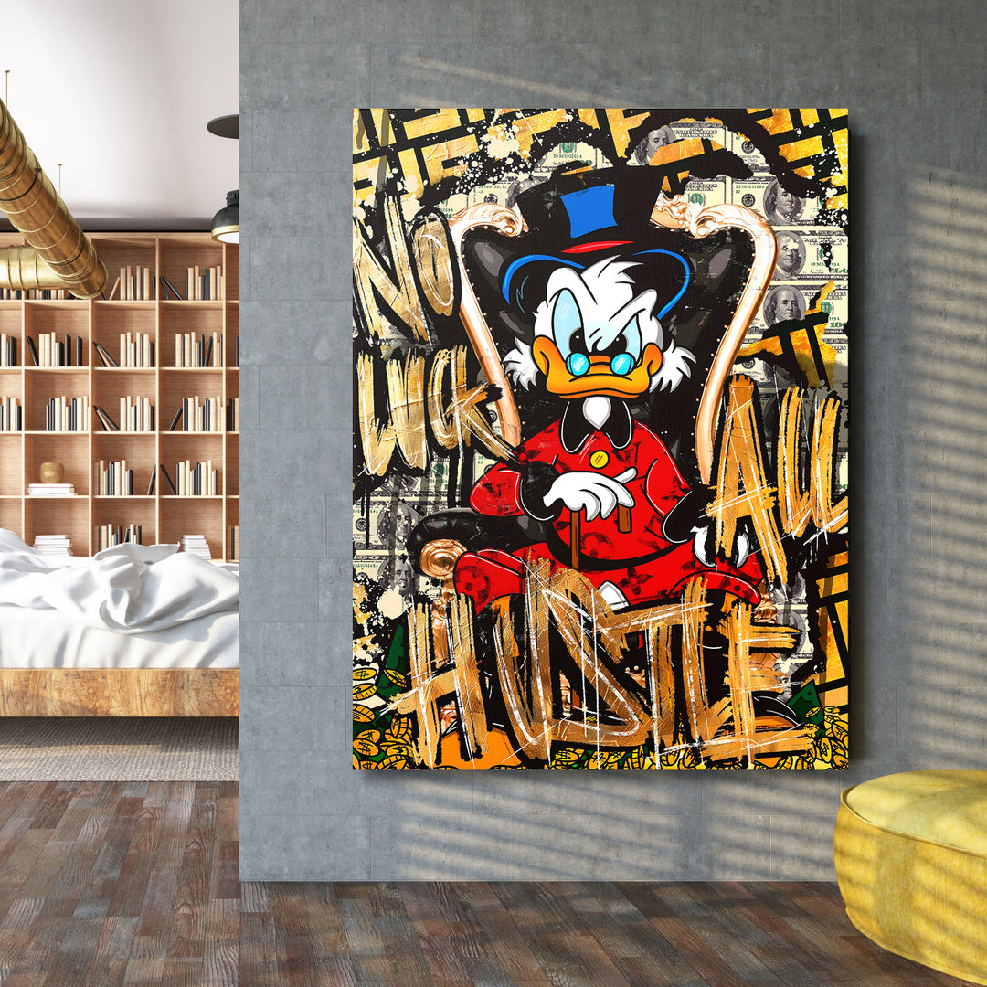 Pop art obraz Kačer Skrblík, graffiti motiv peněz a zlaté akcenty jako motivační obraz do moderního interiéru