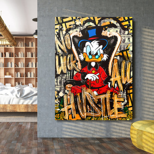 Pop art obraz Kačer Skrblík, graffiti motiv peněz a zlaté akcenty jako motivační obraz do moderního interiéru