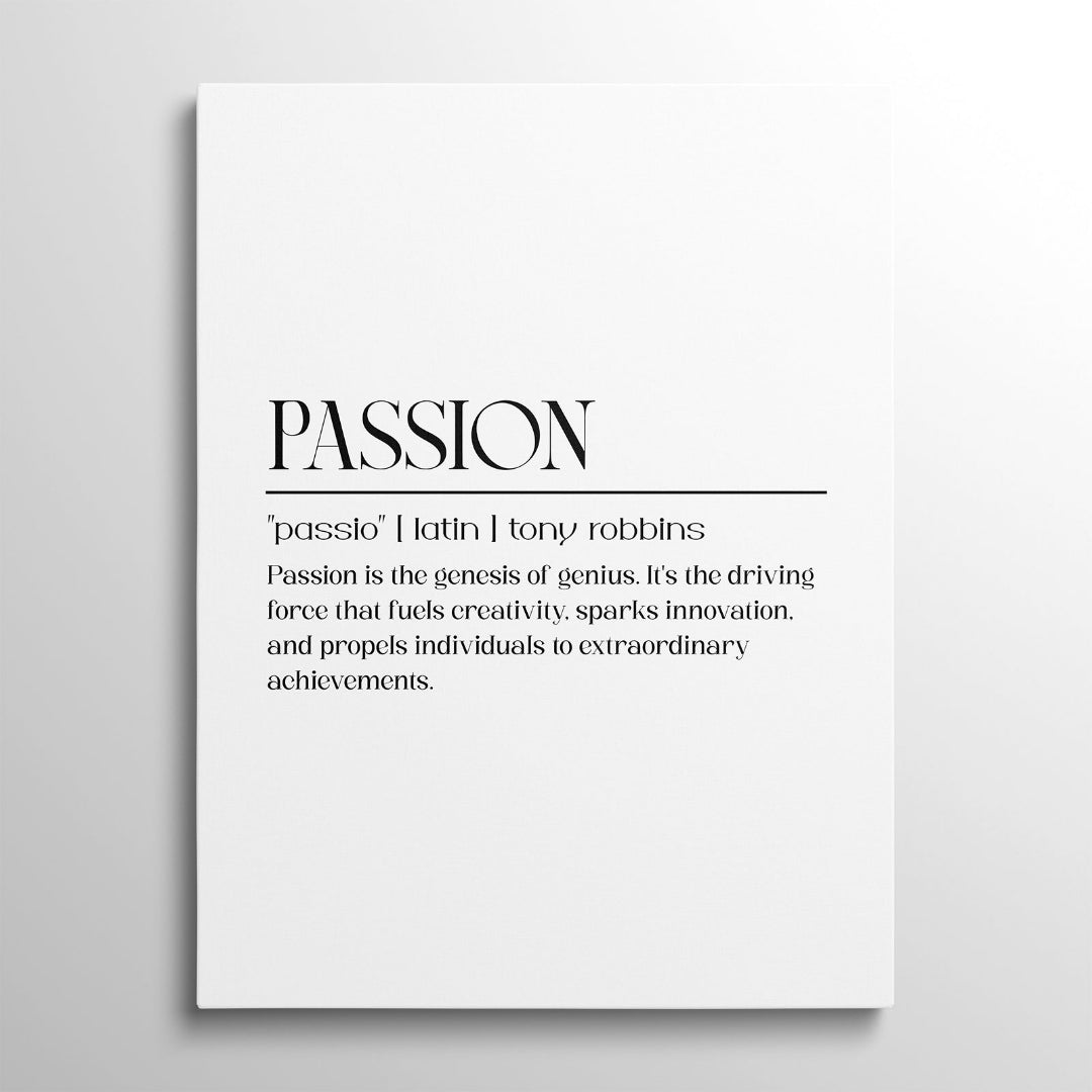 Motivační obraz na plátně s černým serif citátem Tonyho Robbinse o vášni a inovaci v minimalistickém designu