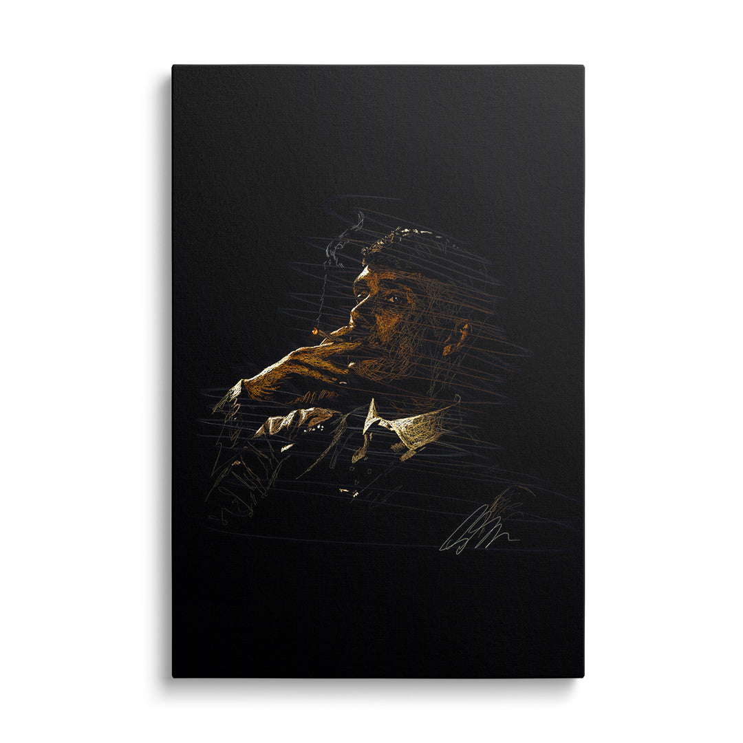 Luxusní obraz na zeď: minimalistická zlatá skica muže v klobouku se svítící cigaretou na černém pozadí