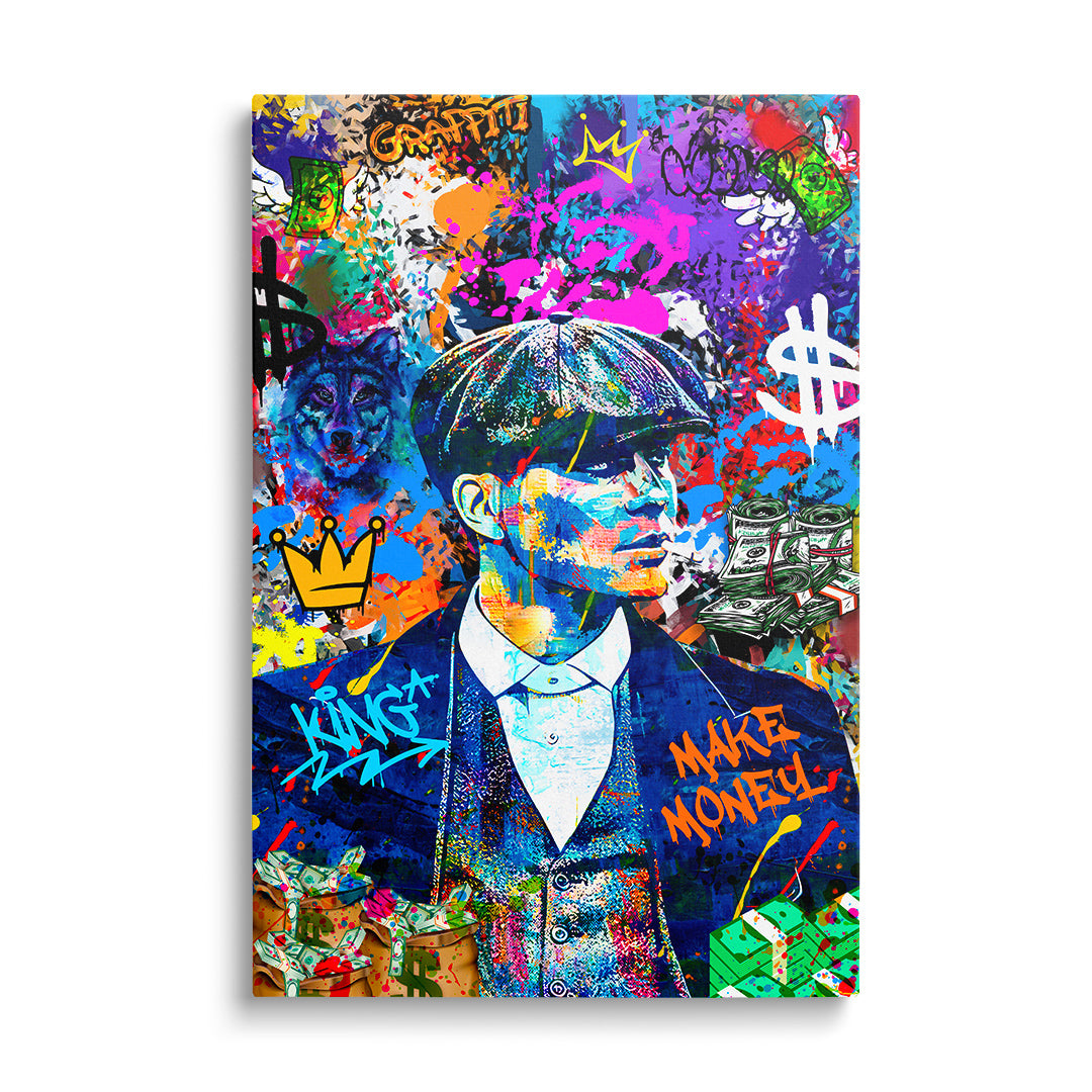 Motivační obraz na plátně s mužem v čepici, graffiti prvky, balíky peněz a výrazným pop art street style
