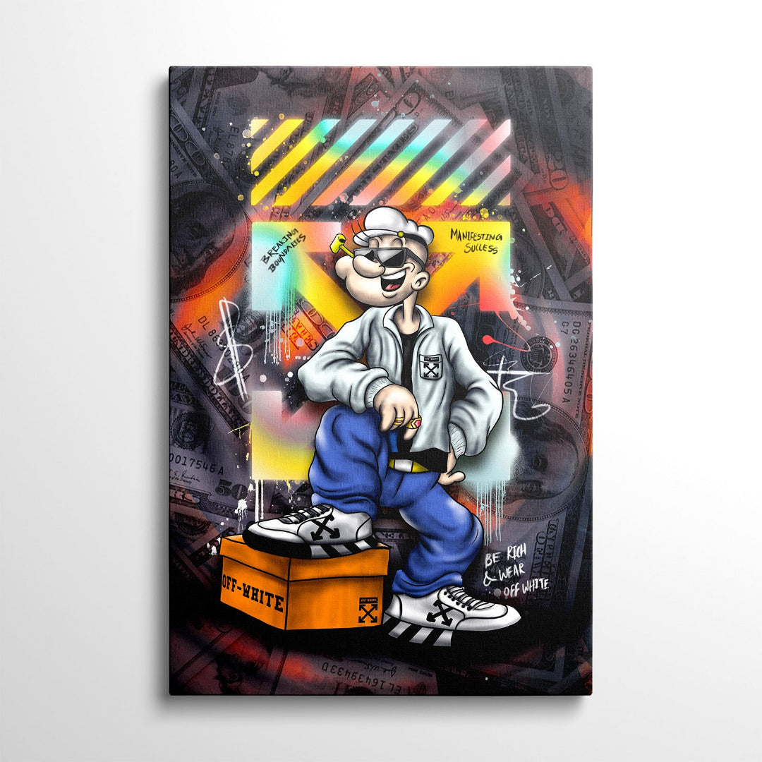 Motivační pop art obraz na plátně s Papajem námořníkem ve street art stylu, neonové barvy a motiv peněz