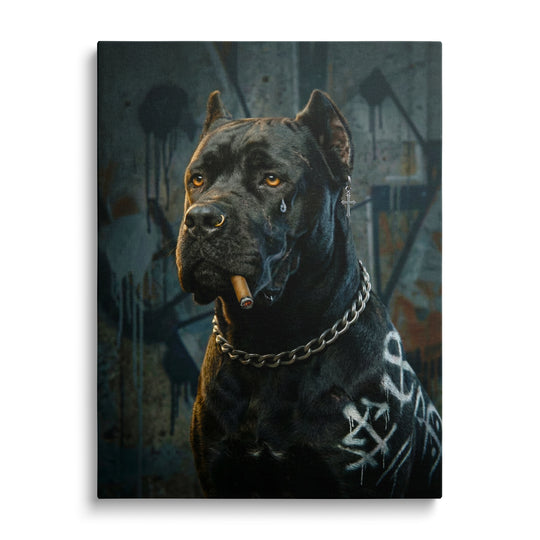 Motivační obraz na plátně: černý pes s doutníkem a řetězem před barevným graffiti street art pozadím