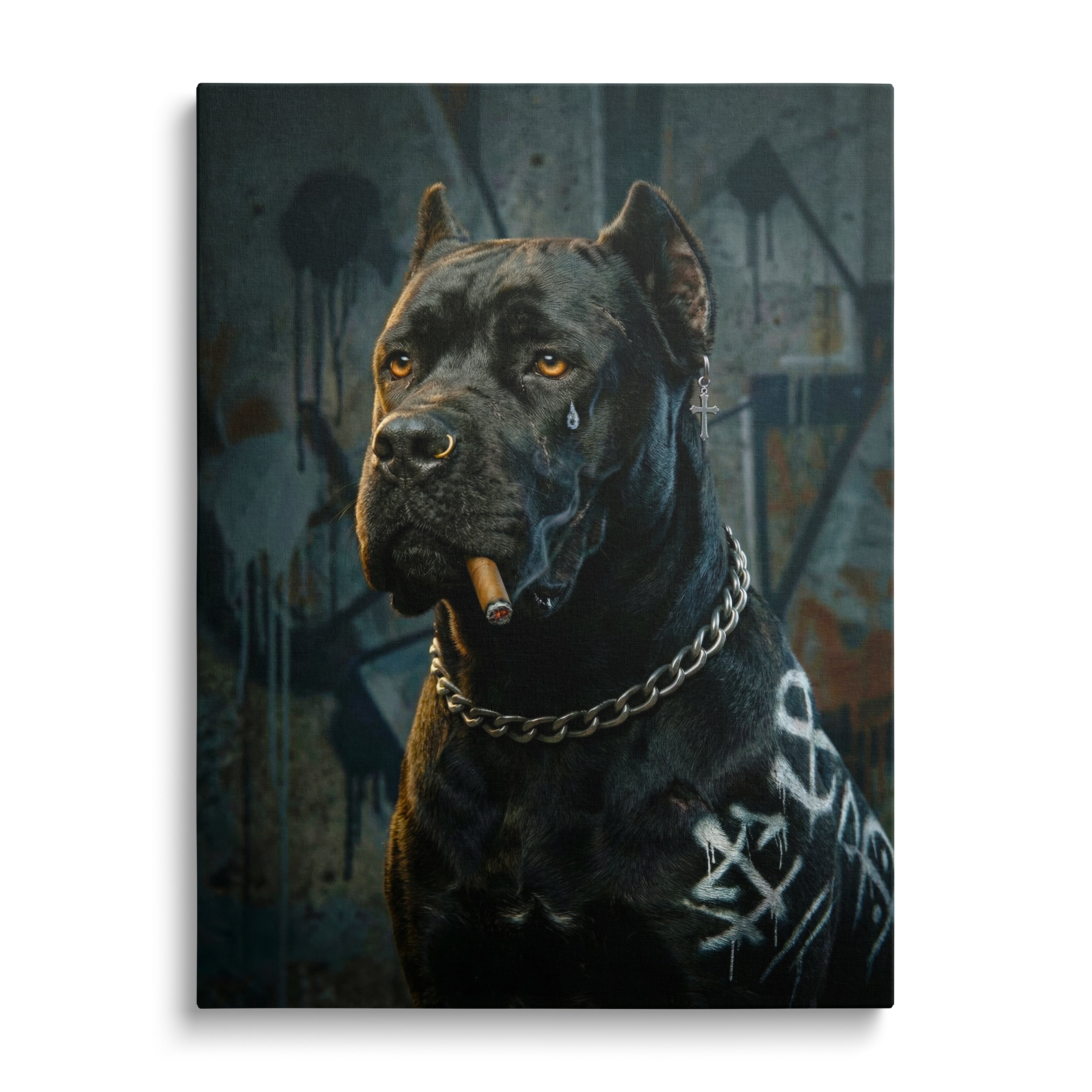 Motivační obraz na plátně: černý pes s doutníkem a řetězem před barevným graffiti street art pozadím