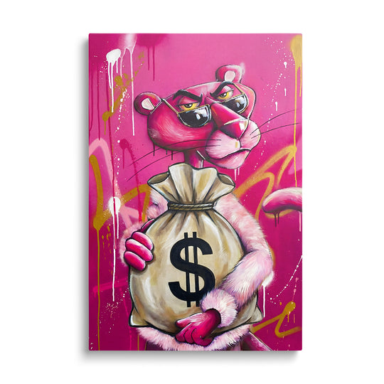 Moderní obraz na plátně s růžovým panterem ve street-art stylu, který drží pytel s dolarem
