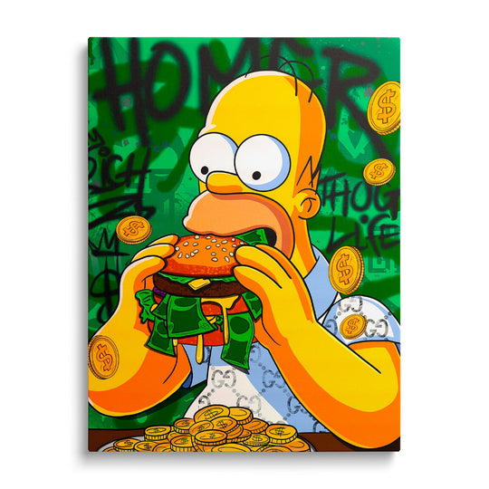 Pop art obraz Homéra zepředu, jak jí burger plný bankovek a kolem něj létají zlaté mince