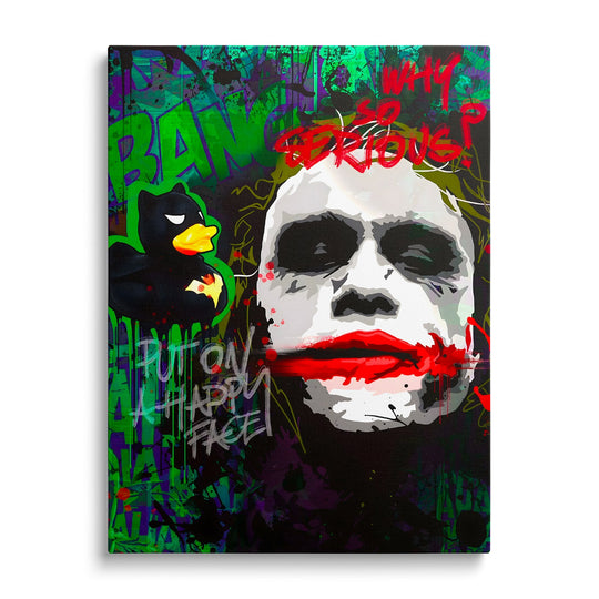 Pop art obraz na plátně s Jokerovým obličejem, graffiti Why so serious? a siluetou Batman kačenky