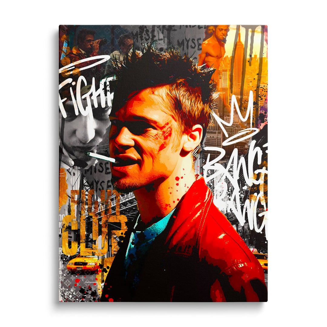 Motivační pop art obraz na plátně s mužem v červené bundě, městskou koláží a graffiti, obraz zepředu