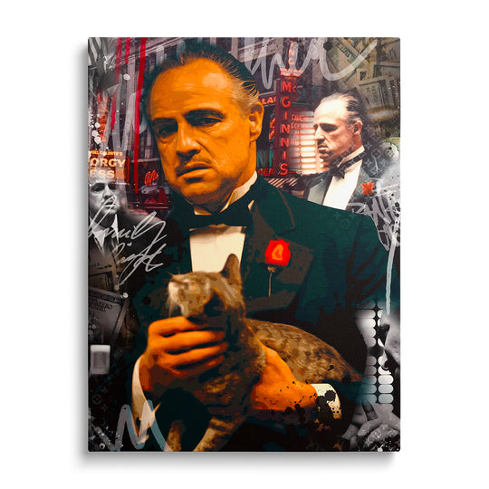 Pop art obraz na plátně mafiánský boss s kočkou, neonové nápisy a motiv dolarů v pop art stylu