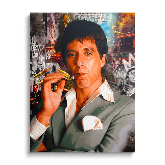 Pop art obraz na plátně s portrétem mafiána, kulkami, graffiti a motivem peněz, uliční street art styl