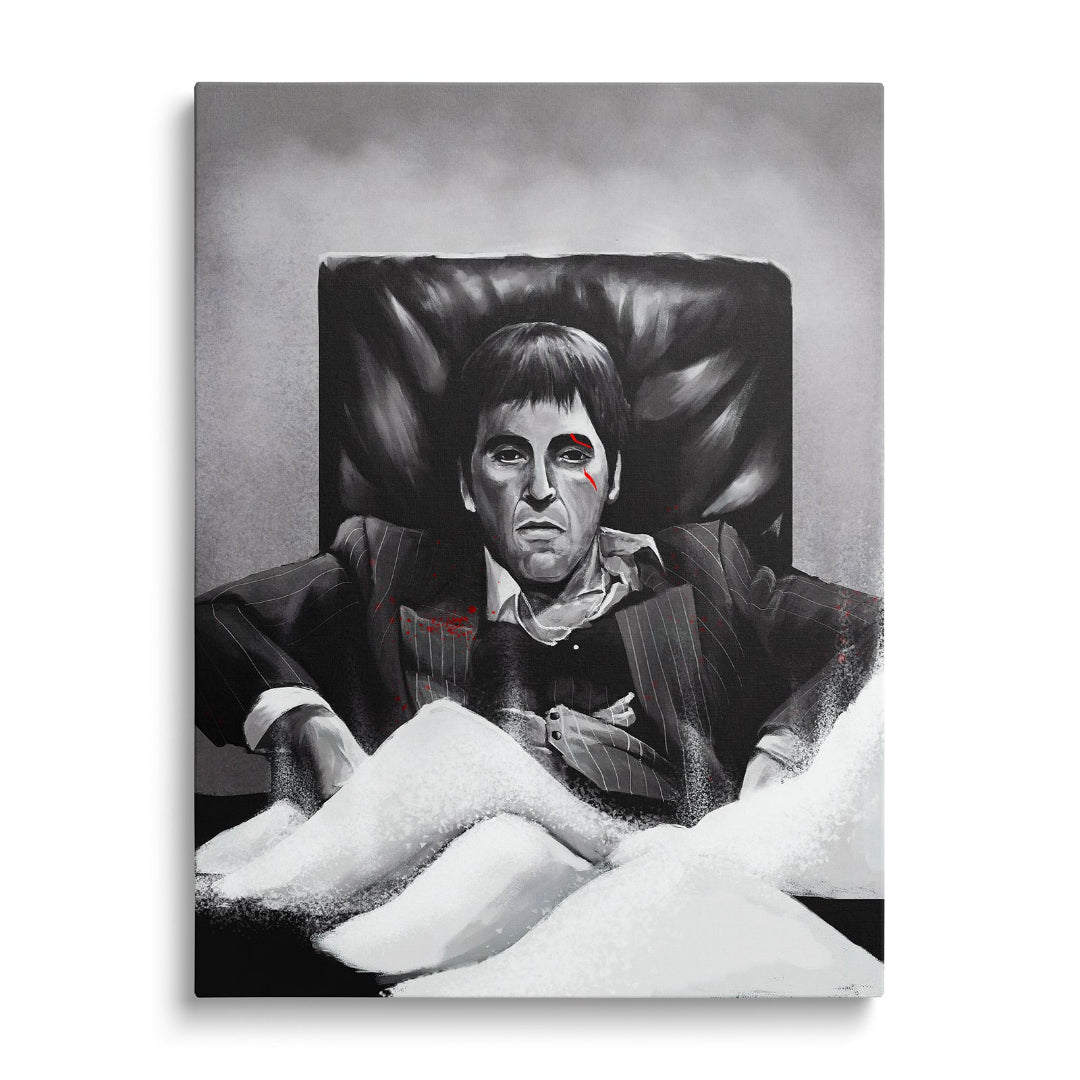 Motivační pop art obraz na plátně s mafiánským gangsterem u hromady bílé drogy, obraz zepředu