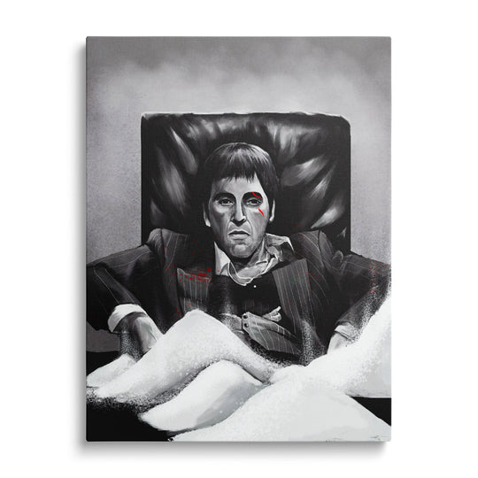 Motivační pop art obraz na plátně s mafiánským gangsterem u hromady bílé drogy, obraz zepředu