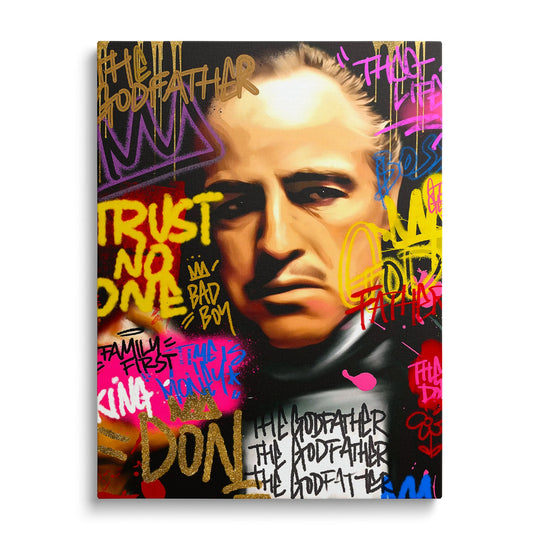 Pop art obraz na plátně s portrétem mafiánského bosse v graffiti stylu, moderní obraz zepředu