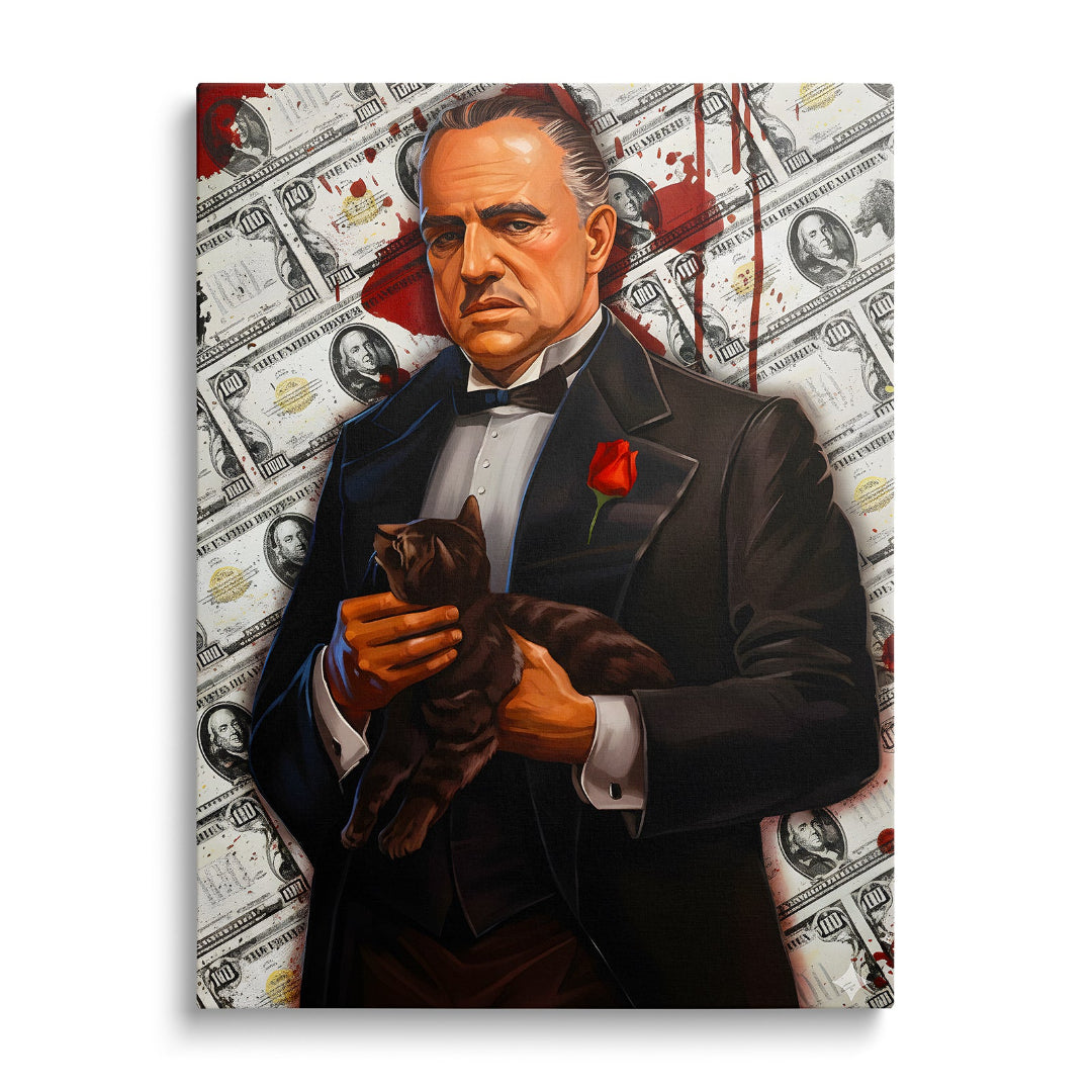 Pop art motivační obraz na plátně mafiánský boss v obleku s kočkou před dolarovými bankovkami