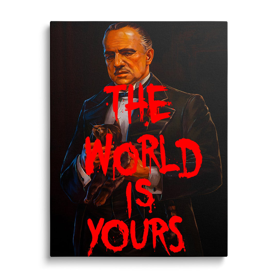 Pop art obraz na zeď s mafiánským portrétem v černém obleku, výrazné červené nápisy a kočka zepředu