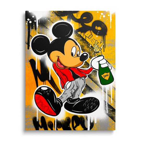 Pop art obraz na plátně s Mickey Mousem a šampaňským ve street art žluto‑černém stylu, Obraz zepředu.