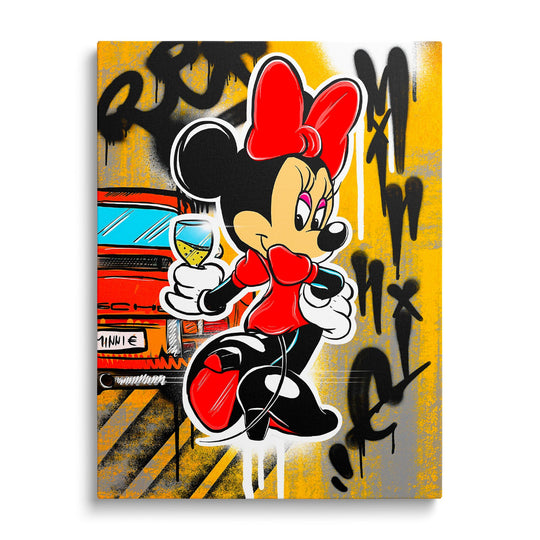 Pop art obraz na zeď s Minnie Mouse v červené mašli a šampaňským před žlutým graffiti pozadím