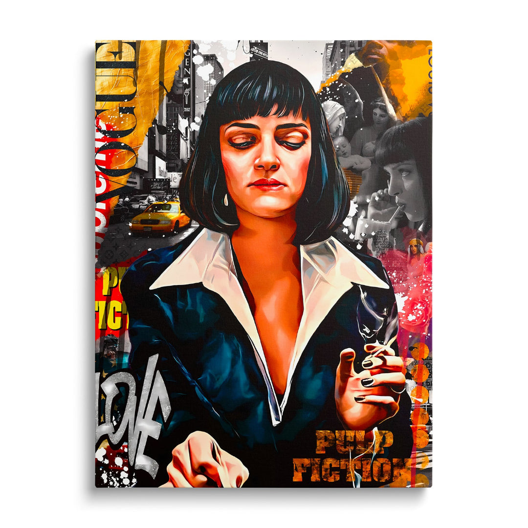 Pop art obraz na plátně s portrétem Mia Wallace, retro filmová koláž, motivační obraz do moderního interiéru