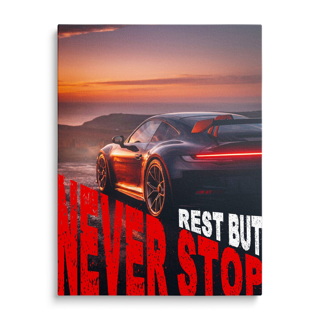 Motivační obraz na zeď se sportovním supersportem při západu slunce a červeným nápisem NEVER STOP, pohled zepředu