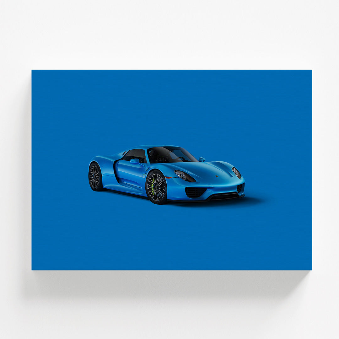 Motivační obraz na zeď s modrým supersport autem zepředu na modrém pozadí, automobilový wall art