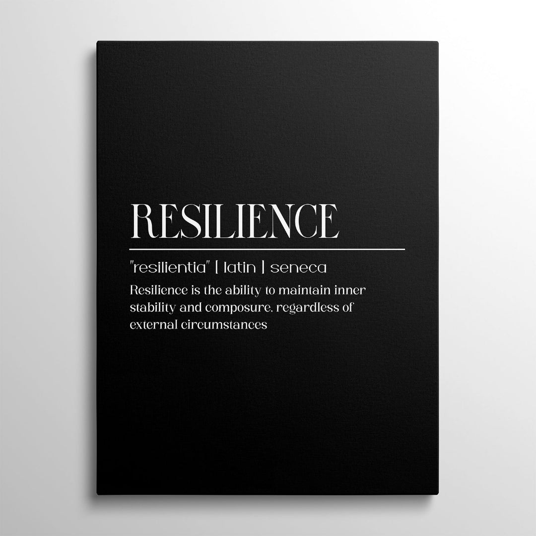 Motivační obraz na plátně s černobílým nápisem Resilience a citátem Senecy v čistém minimalistickém designu