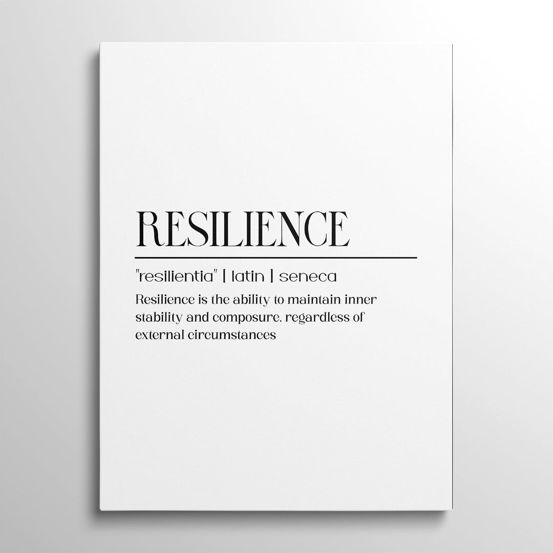 Motivační obraz na plátně RESILIENCE s černým nápisem a latinským citátem Seneky, minimalistický front view
