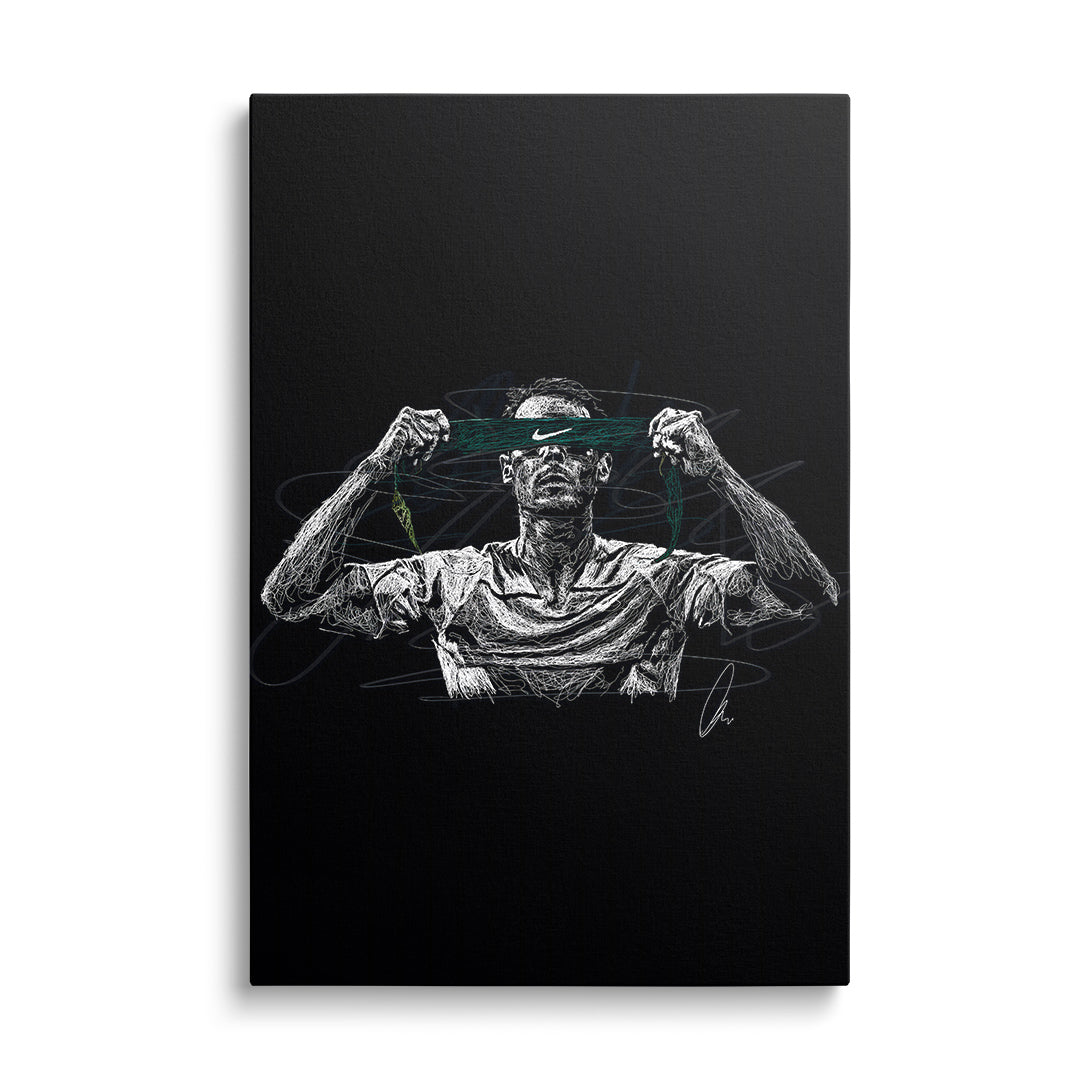 Motivační obraz na plátně: minimalistická bílozelená skica tenisisty zavazujícího čelenku Nike, frontální pohled