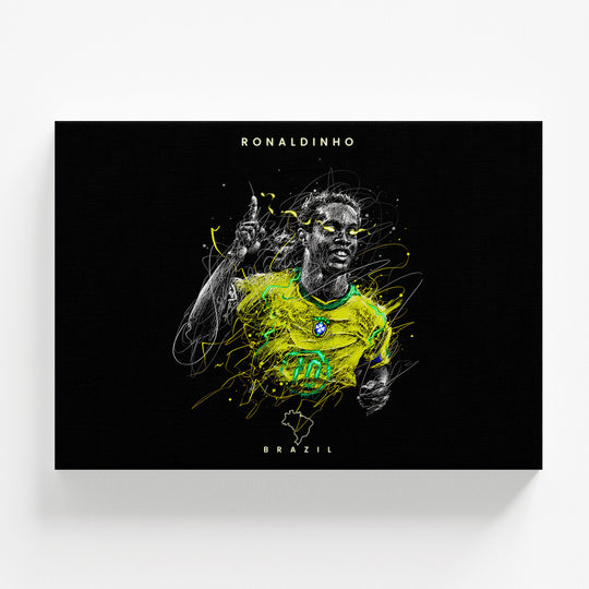 Motivační obraz Ronaldinha v brazilském dresu, dynamický fotbalový pop art portrét