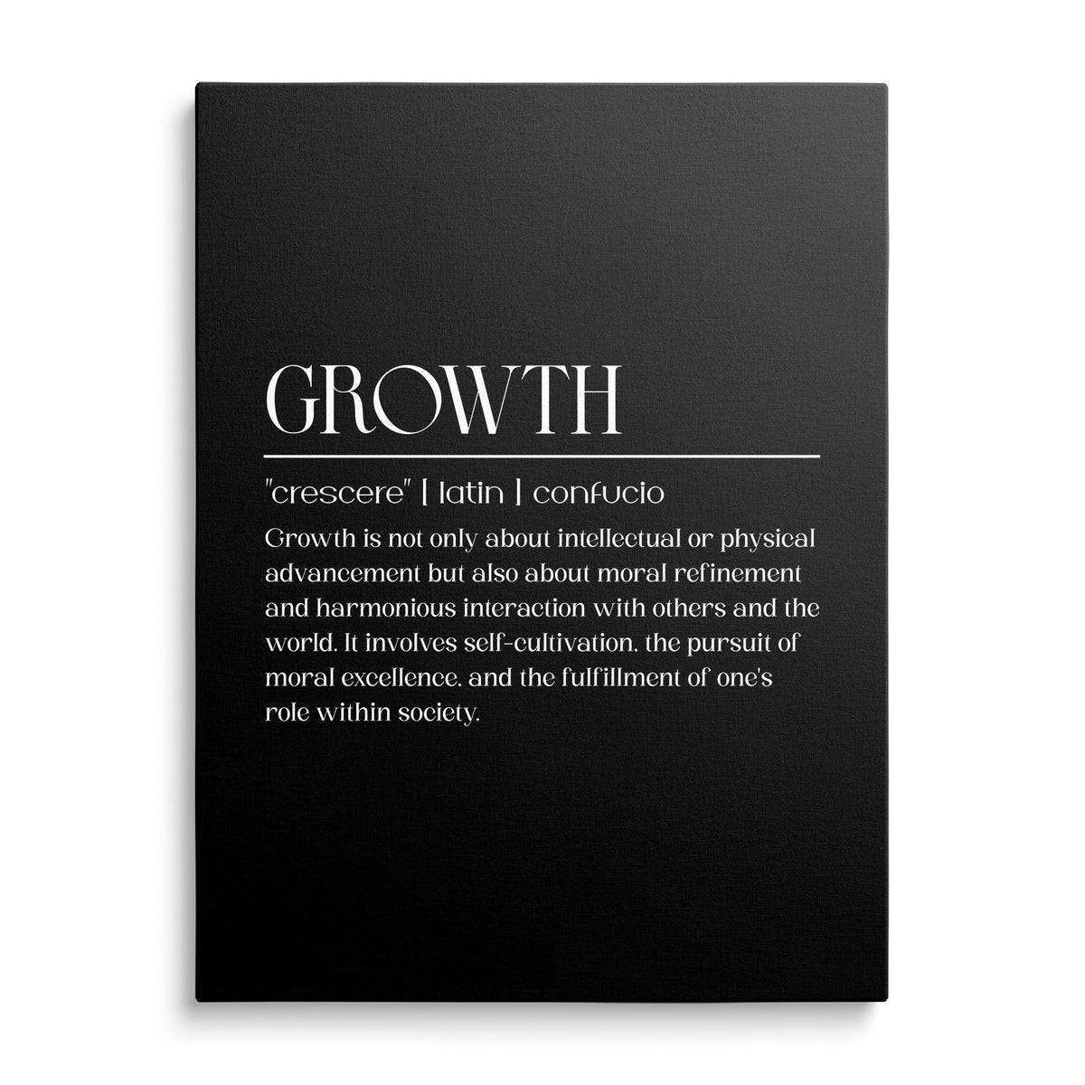 Motivační obraz na plátně s bílým nápisem „Growth“ na černém pozadí, minimalistický obraz zepředu.