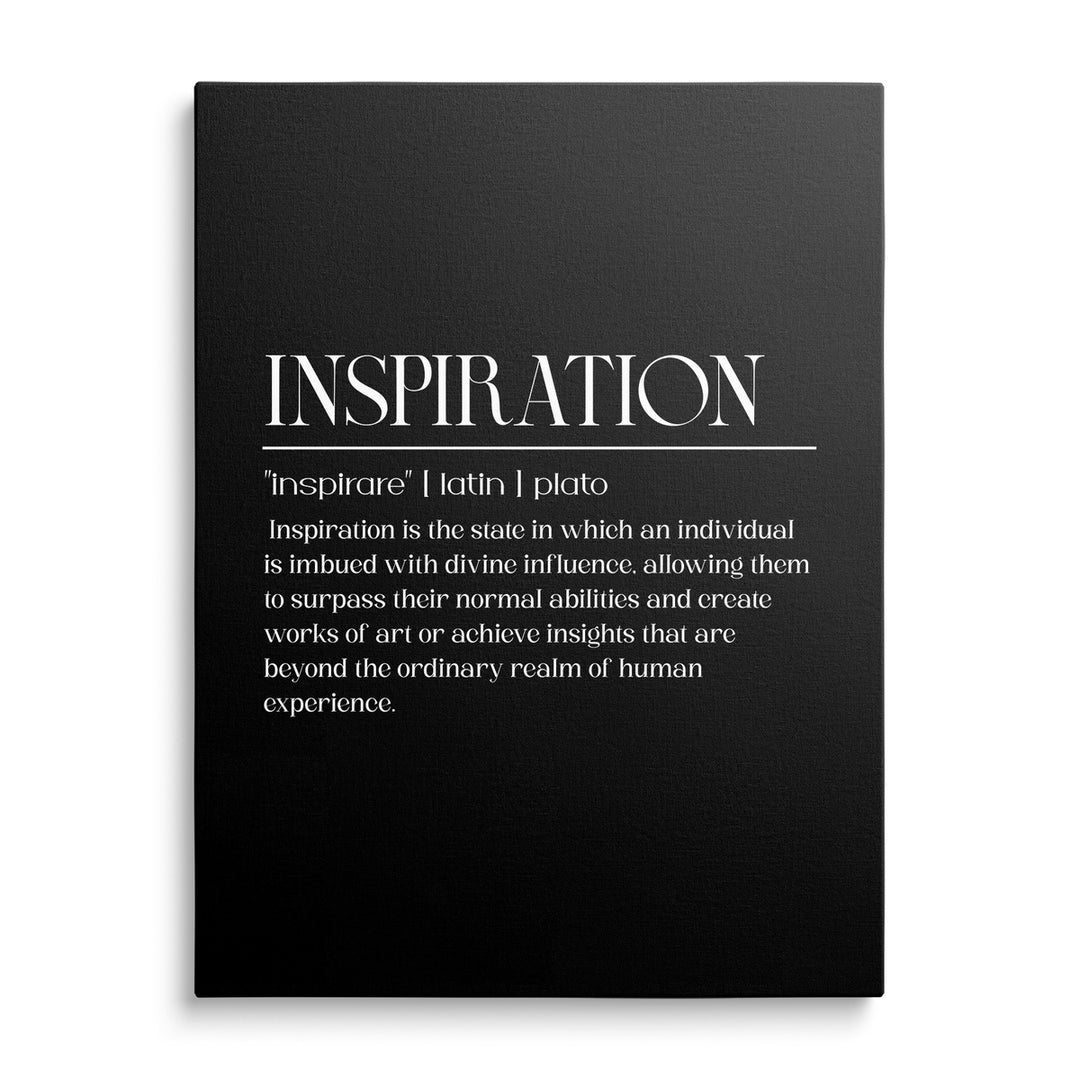 Motivační obraz na plátně s černým pozadím, bílým nápisem INSPIRATION a citátem od Platóna