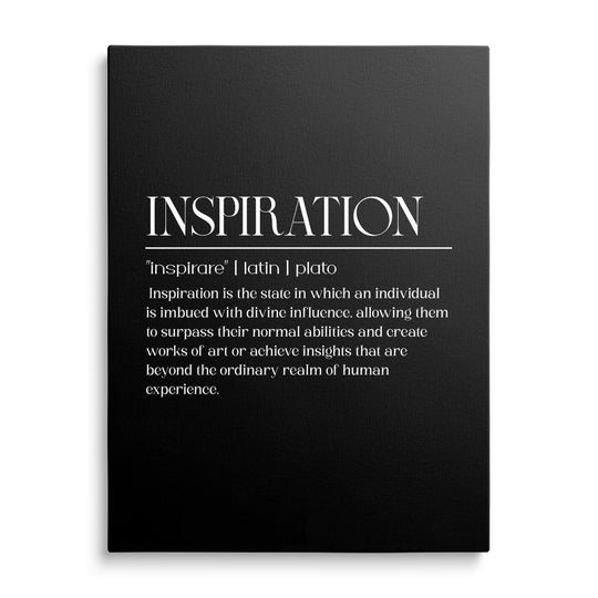 Motivační obraz na plátně s černým pozadím, bílým nápisem INSPIRATION a citátem od Platóna