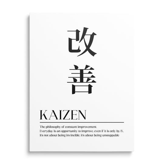 Motivační obraz na plátně s černobílým minimalismem, japonskými znaky Kaizen a inspirativním citátem