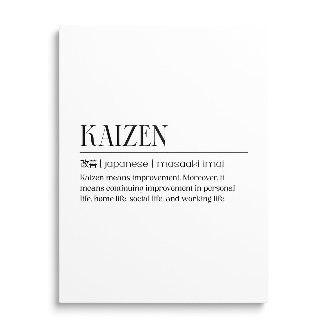 Motivační obraz na plátně s minimalistickým citátem Kaizen o postupném zlepšování života, pohled zepředu