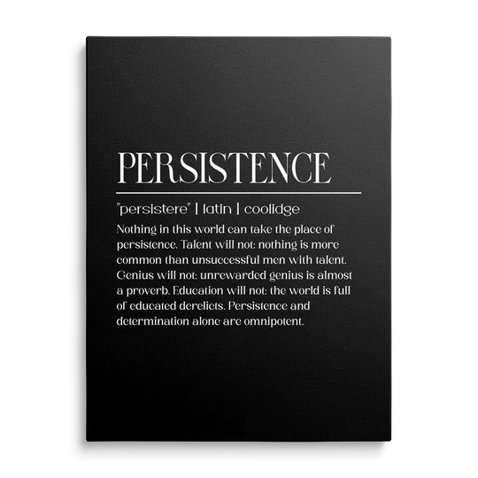 Moderní motivační obraz na plátně s bílým citátem Persistence a latinským textem, obraz zepředu