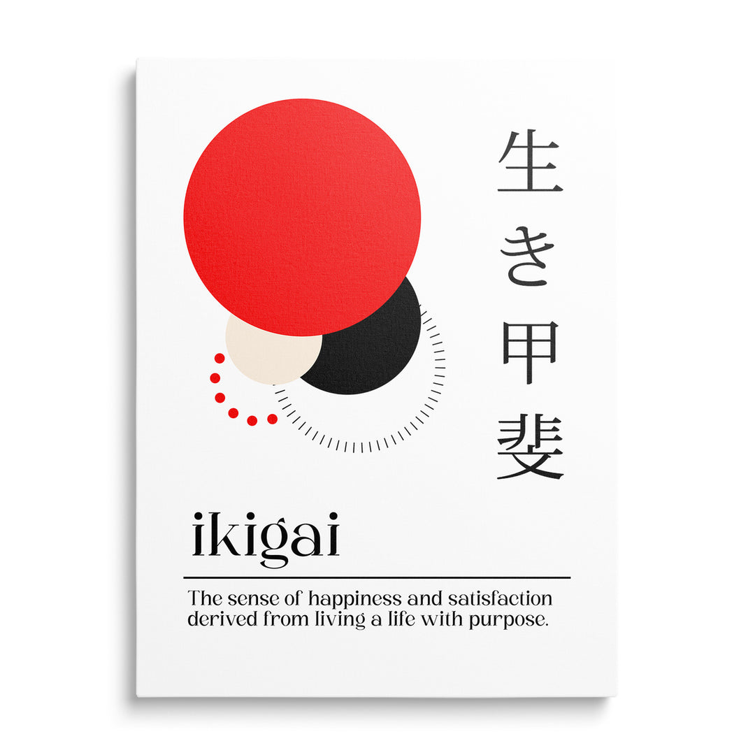 Motivační obraz na plátně s japonskými znaky ikigai, minimalistickými kruhy a anglickým citátem zepředu