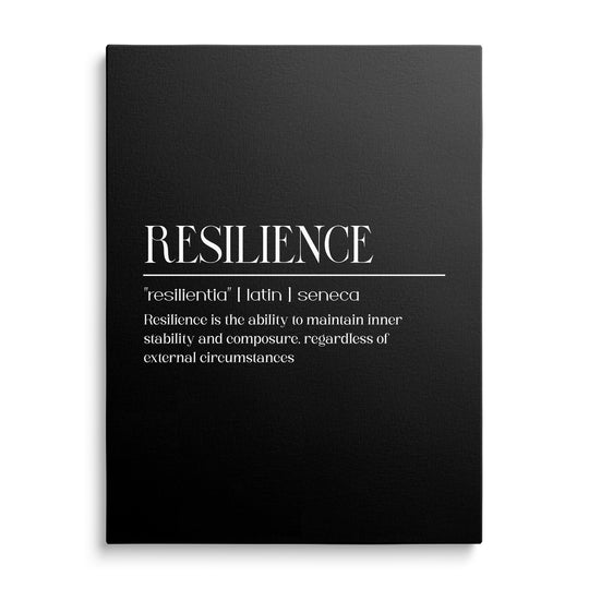 Motivační obraz na plátně s černobílým nápisem Resilience a citátem Senecy v čistém minimalistickém designu